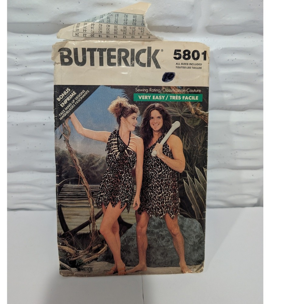 VTG Butterick 5801 Unisex Caveman Costume Sewing Pattern XS-L Animal Print DIY